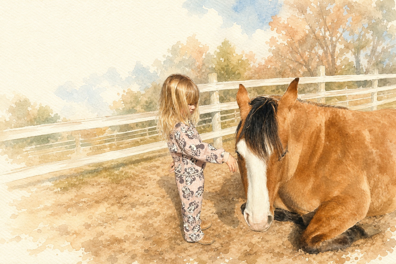 A child gently meeting a horse in a watercolor scene.