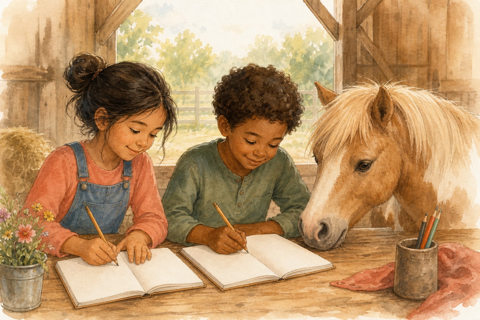 Two children writing goals beside a friendly pony.