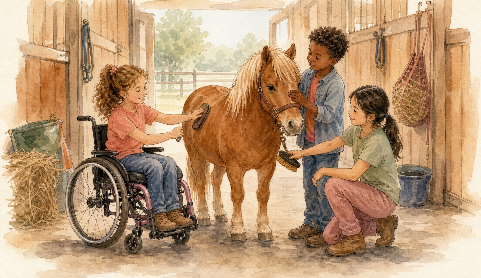 Children of different abilities brushing a small horse together.