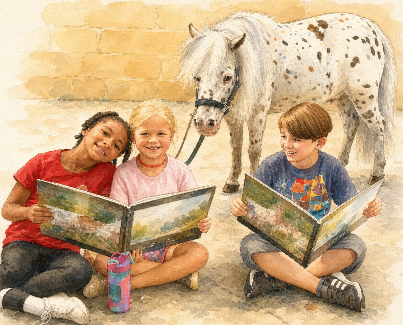 A child reading a book to a small pony.