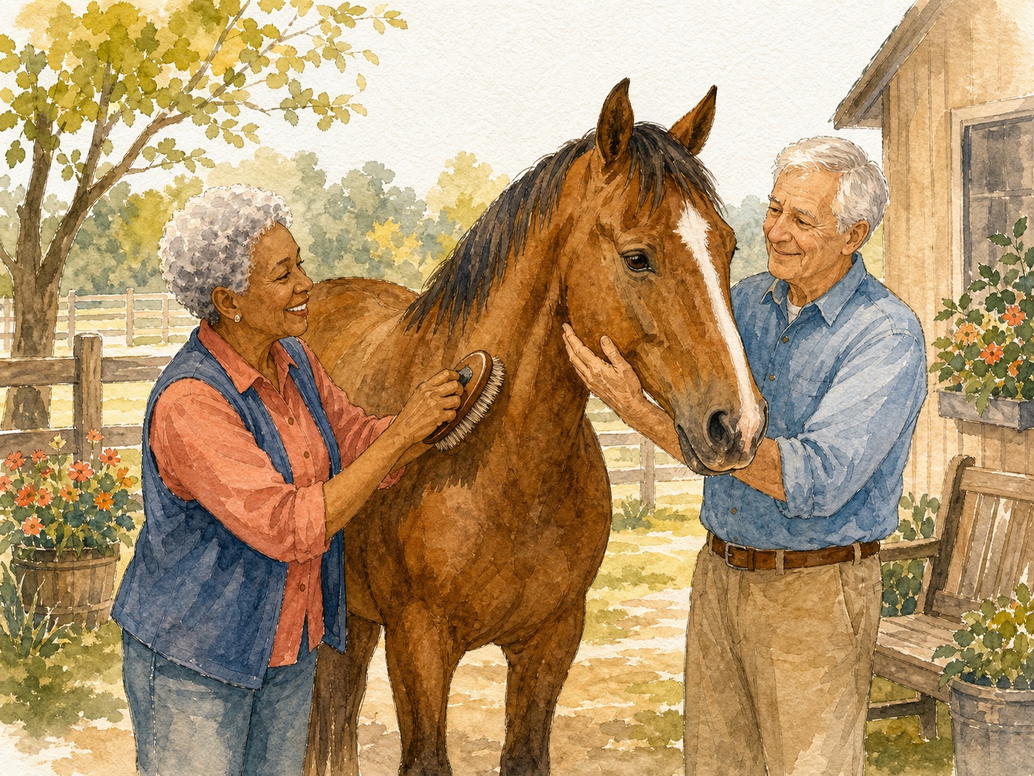 Two older adults enjoying gentle grooming time with a calm horse.