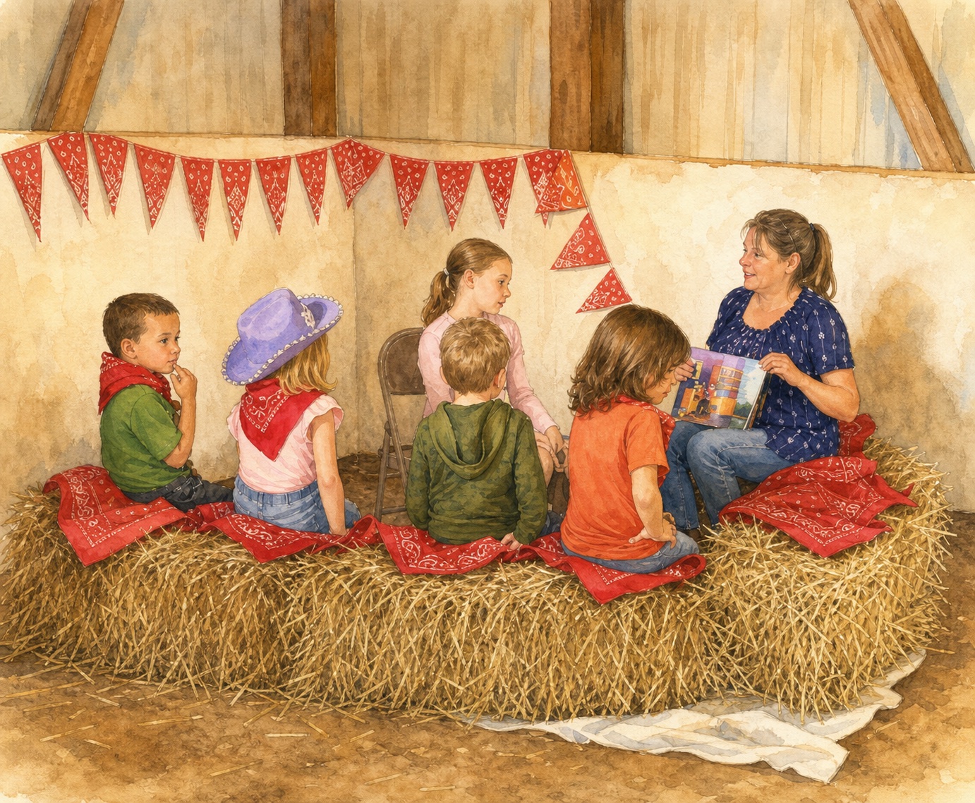 Children sharing story time with a gentle horse.