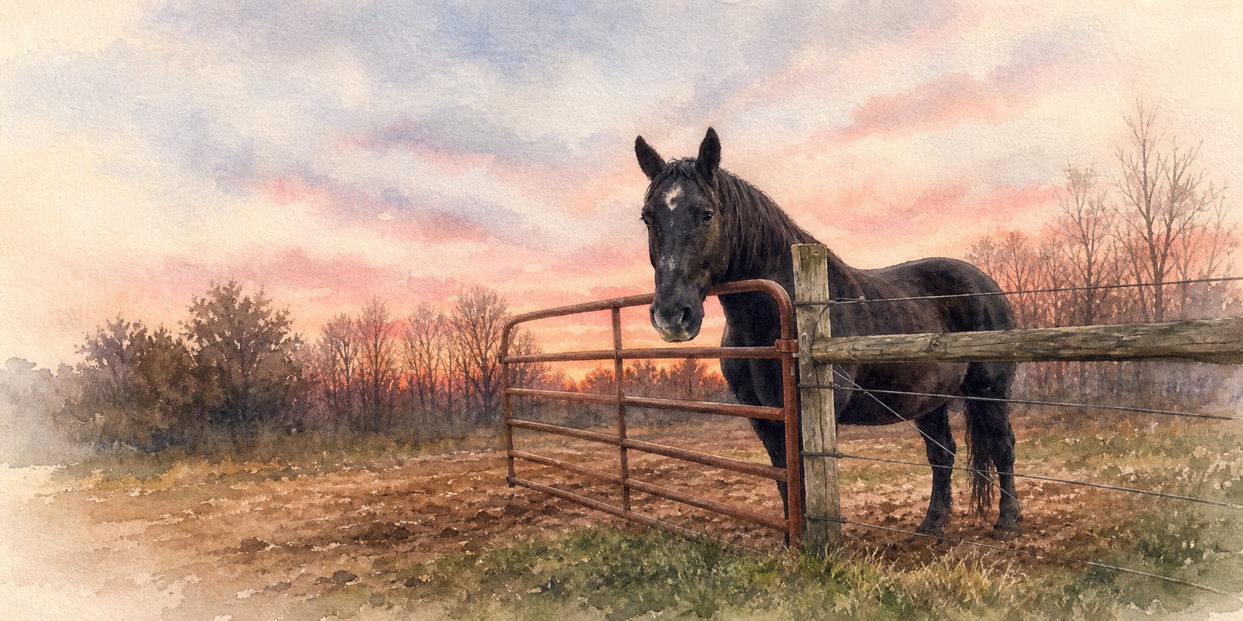 A horse standing in a peaceful sunrise field.