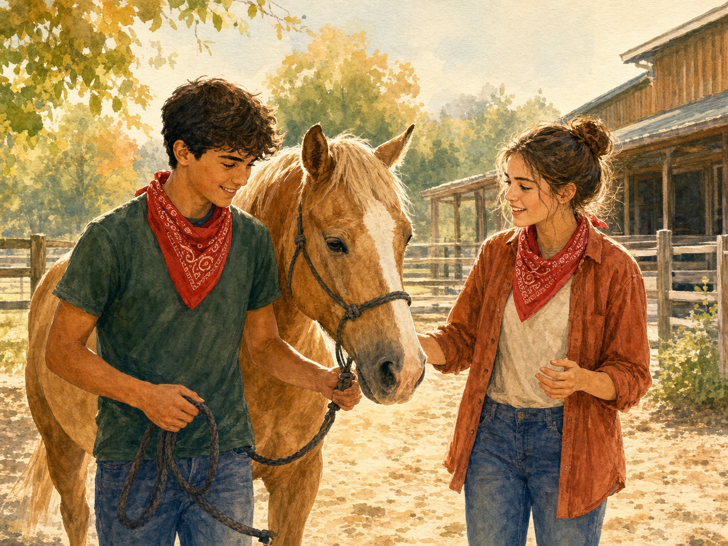 Two teenagers building trust while guiding a calm horse together.