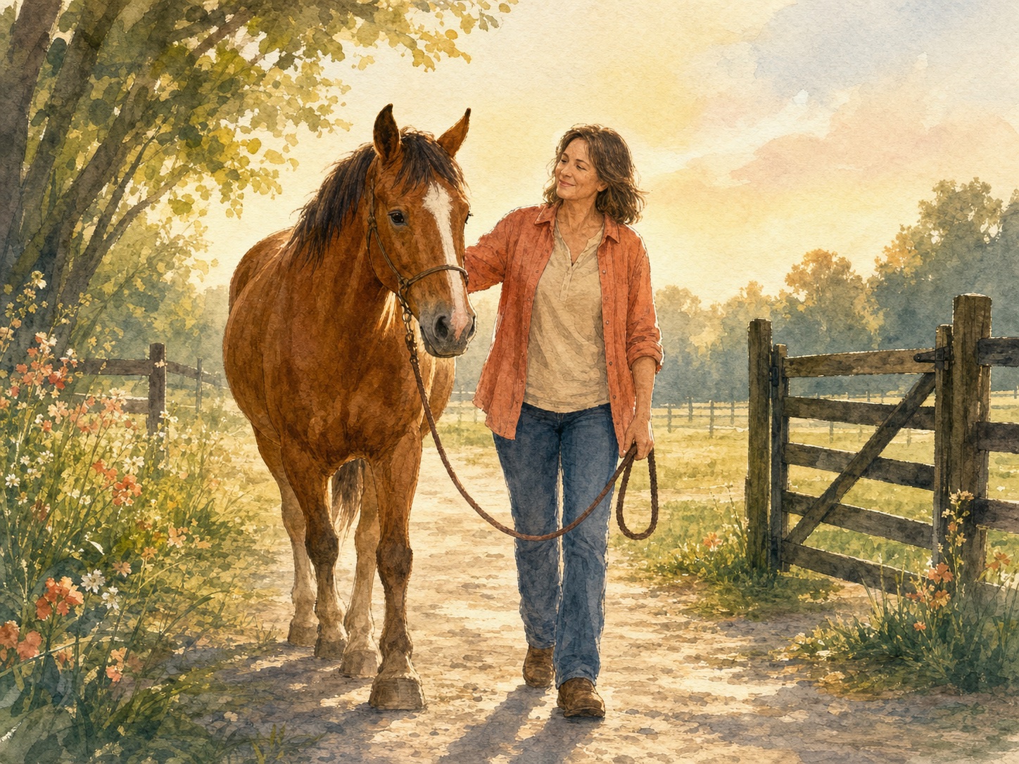 A woman walking beside a calm horse on a hopeful morning path.