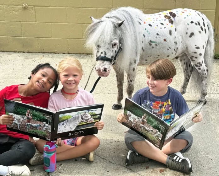 A child reading to a pony.